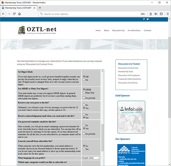 Screenshot: OZTL_net Message Settings. 