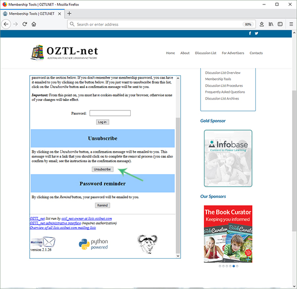 Screenshot: OZTL_net Unsubscribe Form